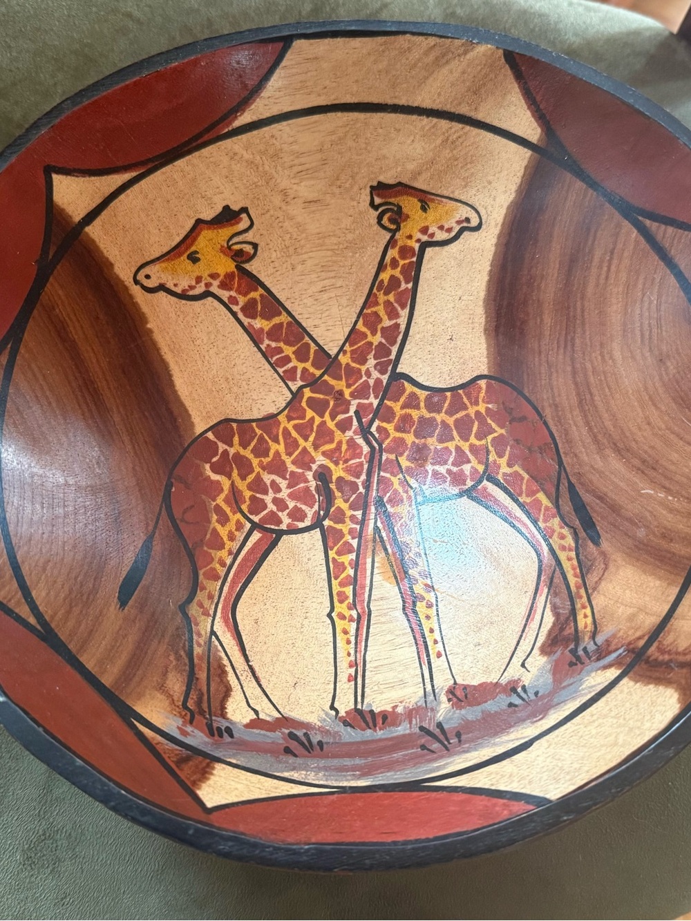Hand-Painted African Hardwood Bowl — Crossed Giraffes Signed F.M. 10x4